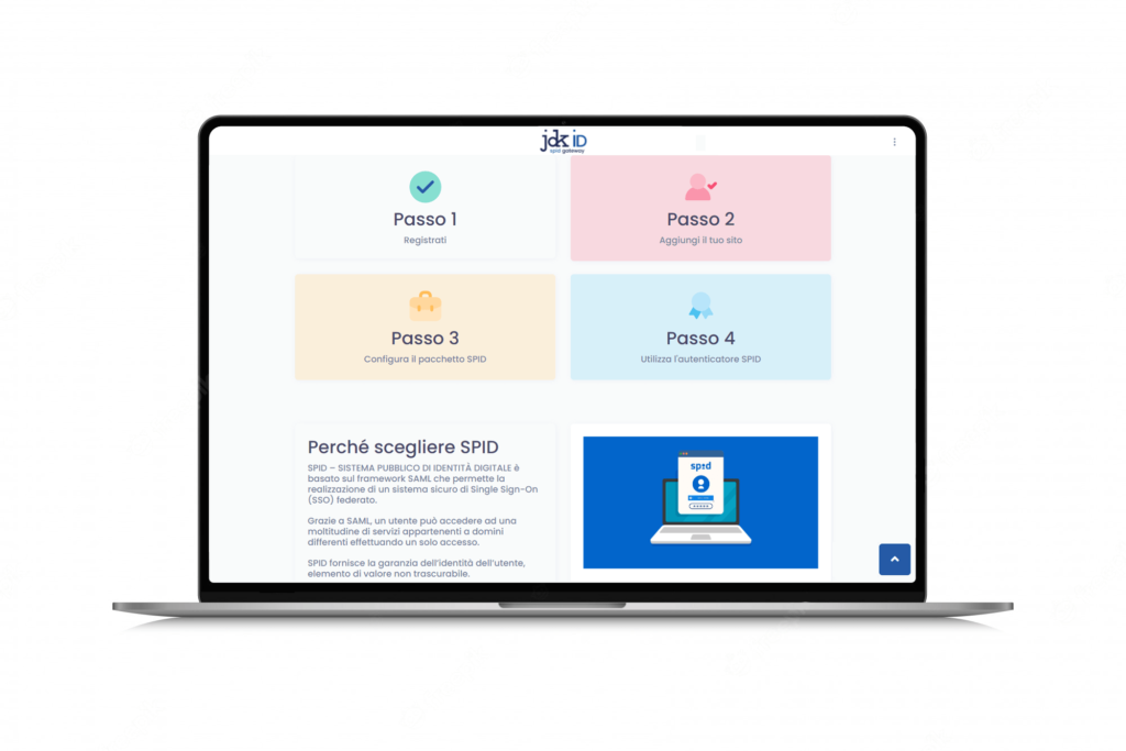 Laptop che mostra una pagina web di JDK con una guida passo-passo sull'implementazione di SPID, il sistema pubblico di identità digitale italiano, con un design pulito e user-friendly.